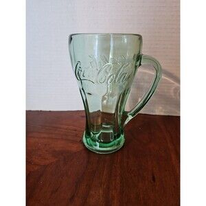 Coca-Cola Coke 6" Heavy Libbey Drinking Glass with Handle - Green Hue - Embossed